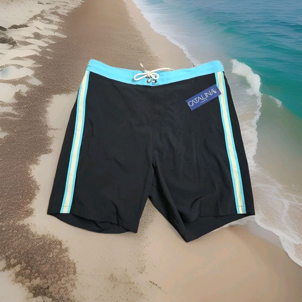 Catalina Men’s Swim Trunks Black Turquoise‎ Boardshorts Size L Elastic Waist NWT